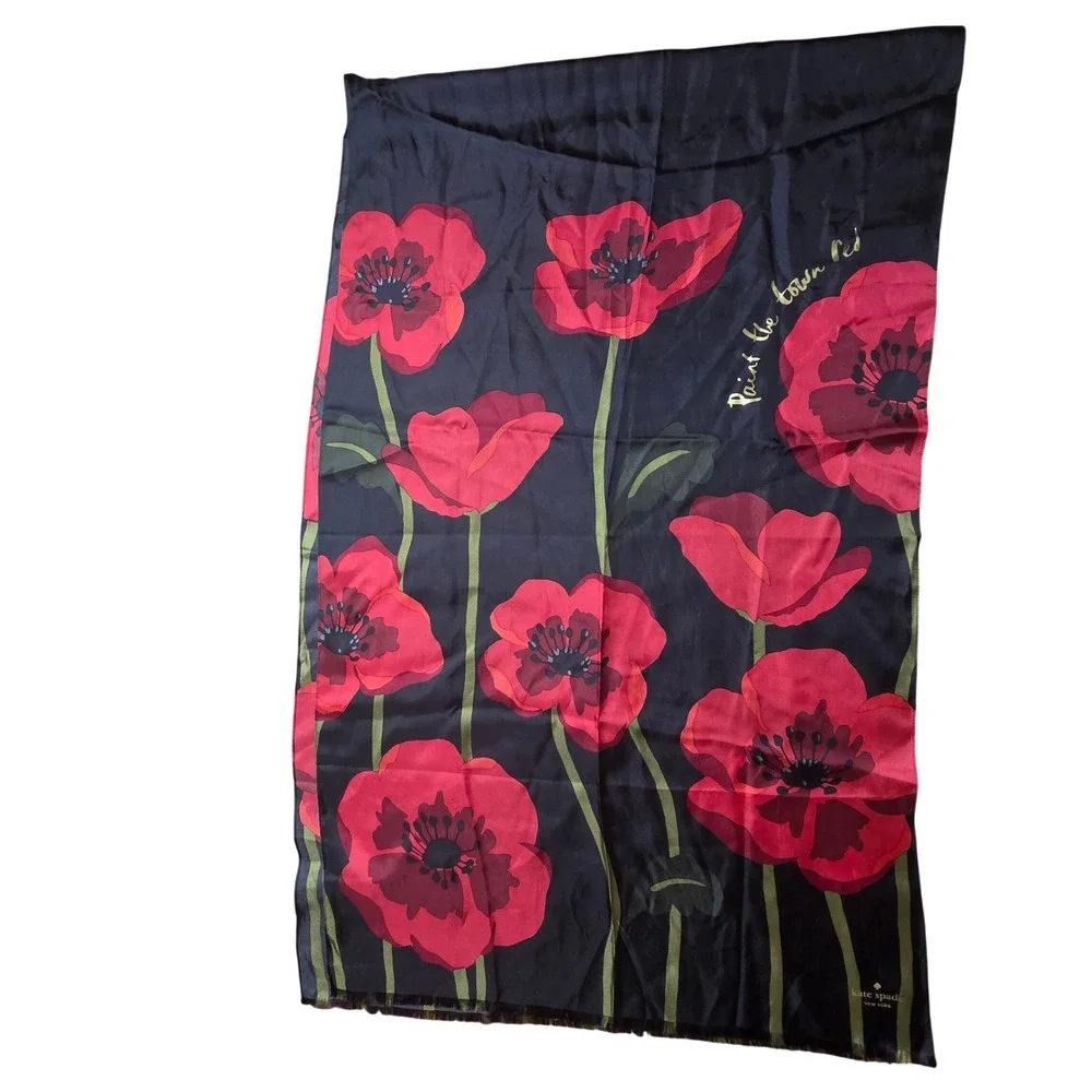 Kate Spade New York Silk Paint The Town Red Poppy Floral Scarf Parisian Chic